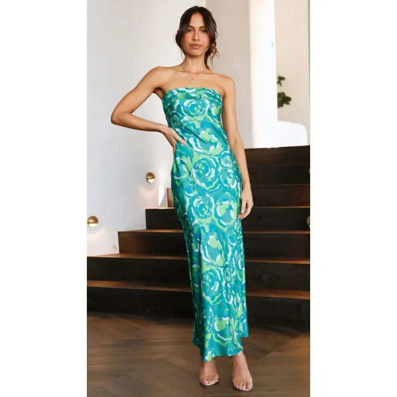 Cocktail Dresses- Floral Strapless Midi Dress for Weddings and Beach Parties- M L S XL- IndioGear.com