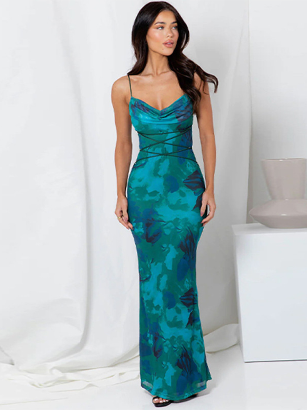 Cocktail Dresses- Floral Women's Cowl Neck Mermaid Dress for Cocktail Parties- - IndioGear Fashion and Gear