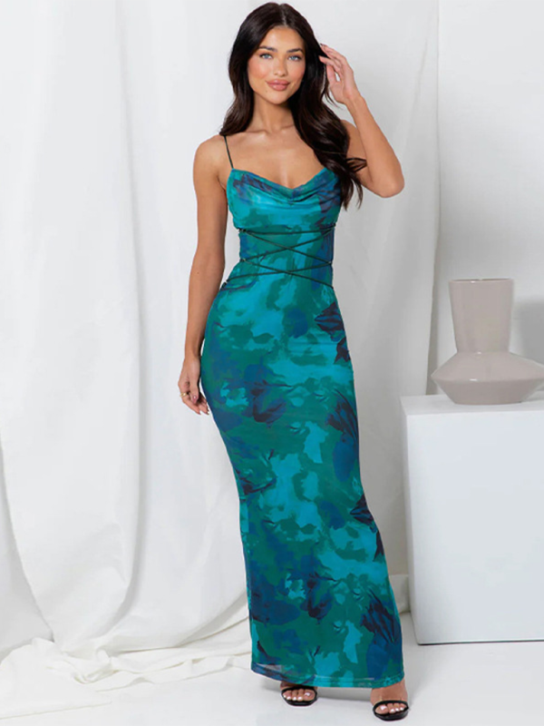 Cocktail Dresses- Floral Women's Cowl Neck Mermaid Dress for Cocktail Parties- Blue- IndioGear Fashion and Gear