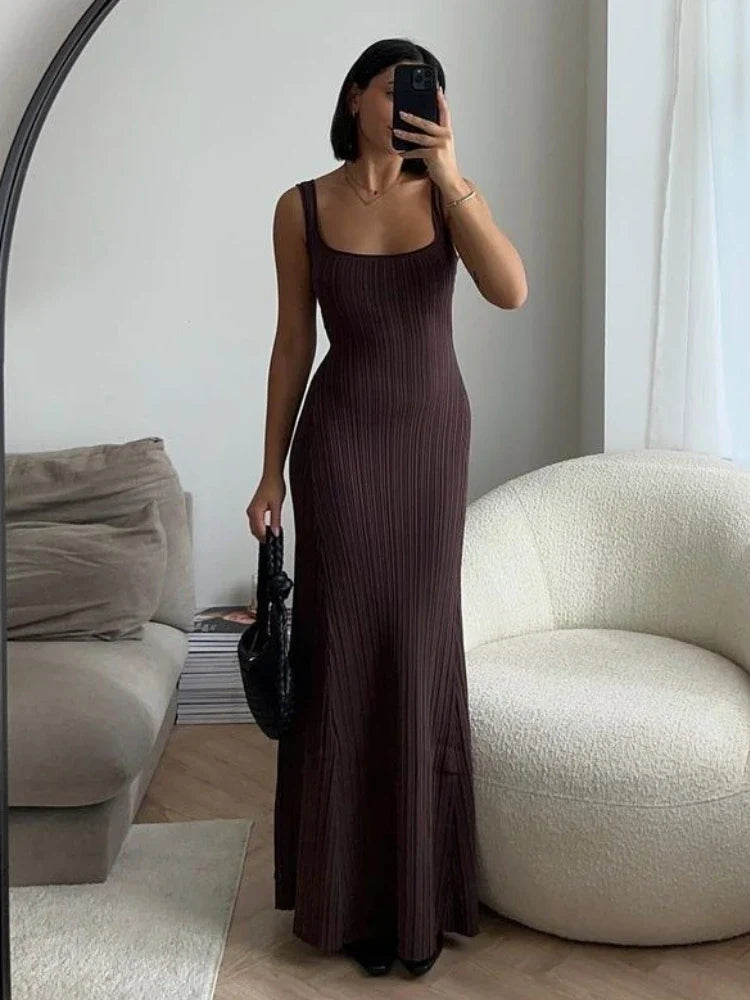 Cocktail Dresses- Full-Length Ribbed Dress for Special Occasions- Coffee- IndioGear.com