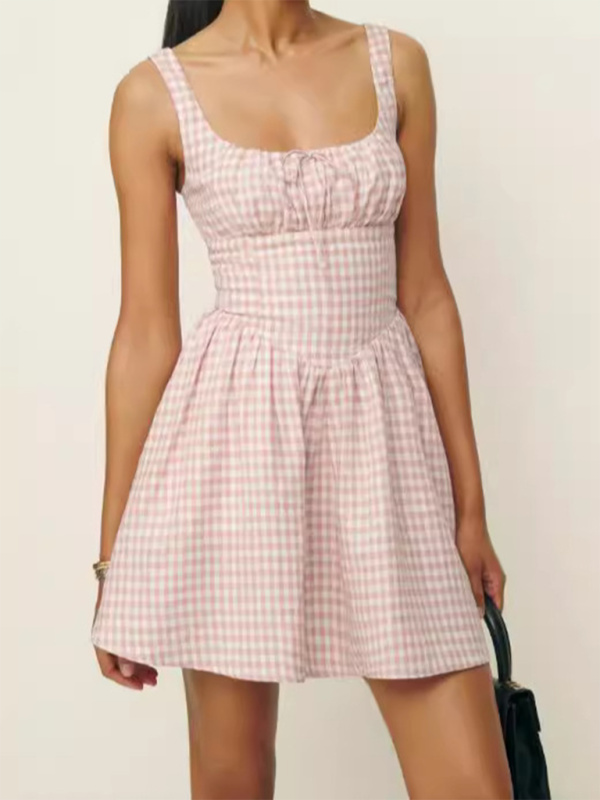 Cocktail Dresses- Gingham Summer A-line Mini Dresses- - IndioGear.com