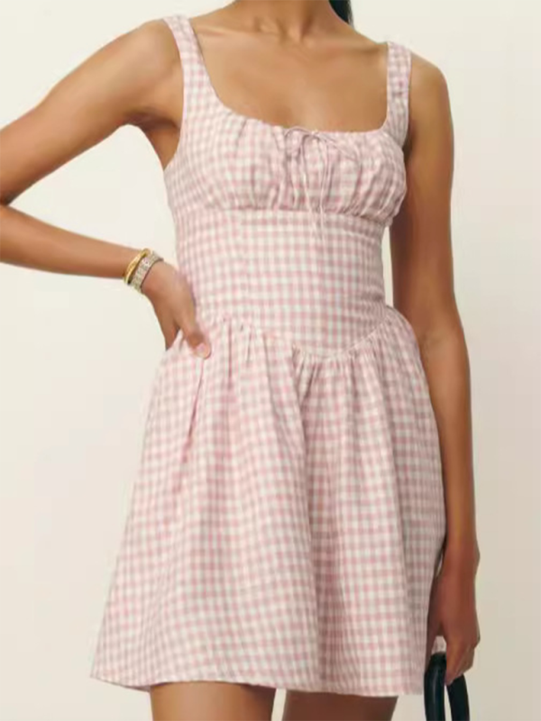 Cocktail Dresses- Gingham Summer A-line Mini Dresses- - IndioGear.com