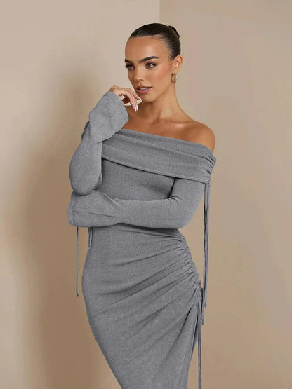 Cocktail Dresses- Long Sleeve High-Low Ruched Cocktail Dress for Wedding Guests- - Chuzko Women Clothing