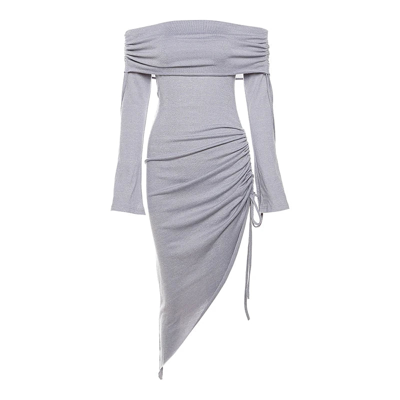 Cocktail Dresses- Long Sleeve High-Low Ruched Cocktail Dress for Wedding Guests- - Chuzko Women Clothing