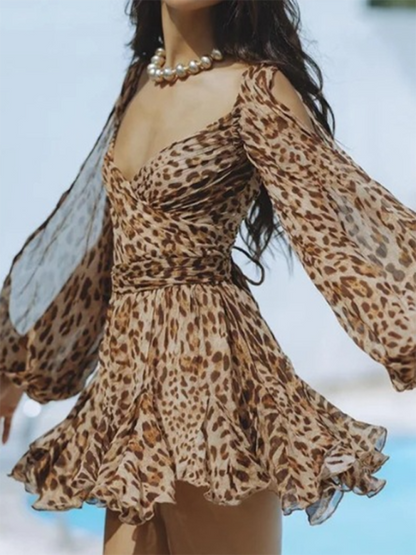 Cocktail Dresses- Mini Dress with Dramatic Sleeves for Wedding Guests & Parties- Leopard- IndioGear.com