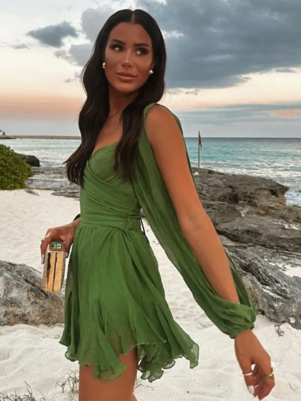 Cocktail Dresses- Mini Dress with Dramatic Sleeves for Wedding Guests & Parties- Deep green- IndioGear.com