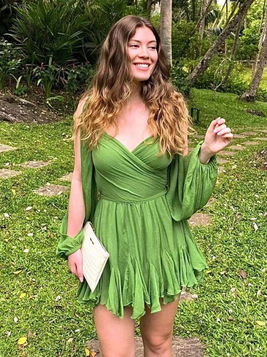 Cocktail Dresses- Mini Dress with Dramatic Sleeves for Wedding Guests & Parties- Pale green- IndioGear.com