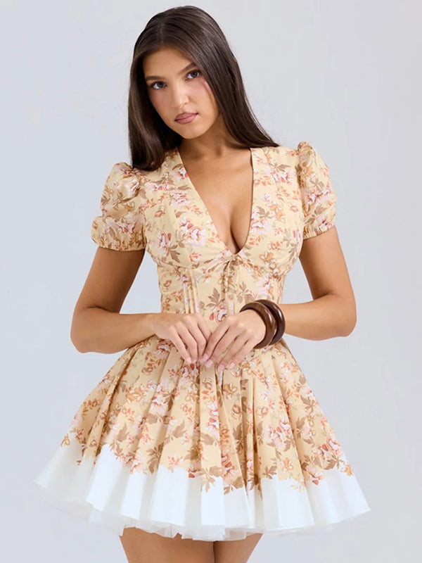 Cocktail Dresses- Puff Sleeve Floral Party Dress with Tulle Skirt- - IndioGear Women Clothing