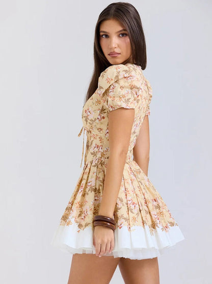 Cocktail Dresses- Puff Sleeve Floral Party Dress with Tulle Skirt- - IndioGear Women Clothing