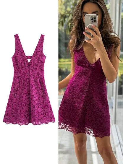 Cocktail Dresses- Romance V-neck Lace Mini Dress for Cocktails- - IndioGear.com