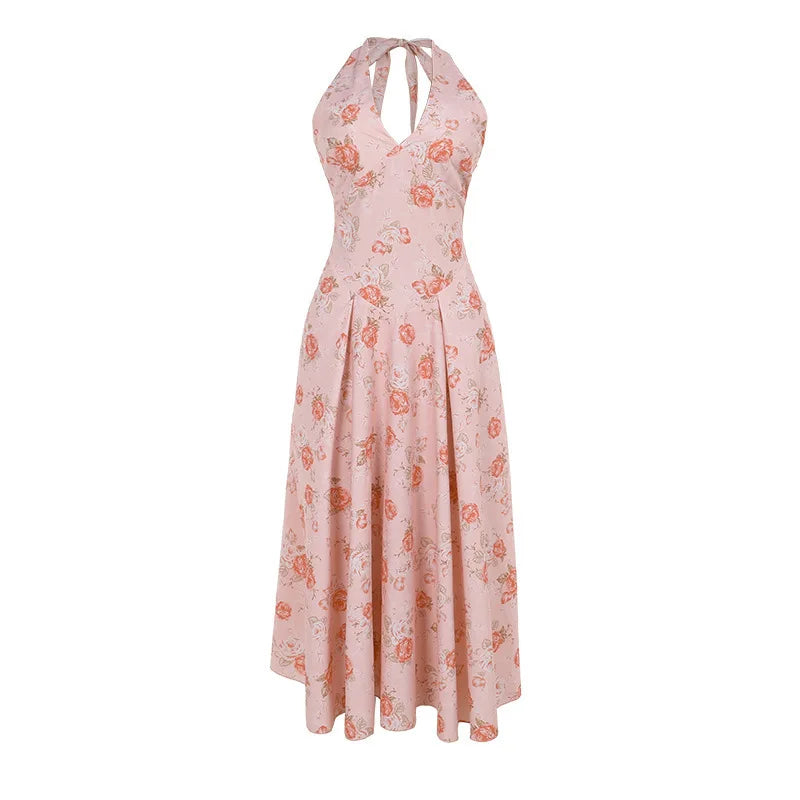 Cocktail Dresses- Romantic Floral Halter Midi Dress for Cocktails- - IndioGear.com