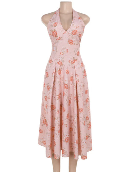 Cocktail Dresses- Romantic Floral Halter Midi Dress for Cocktails- Pink- IndioGear.com