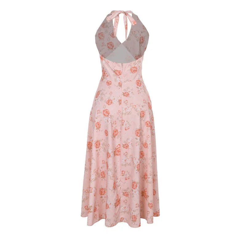 Cocktail Dresses- Romantic Floral Halter Midi Dress for Cocktails- - IndioGear.com