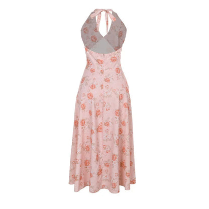 Cocktail Dresses- Romantic Floral Halter Midi Dress for Cocktails- - IndioGear.com