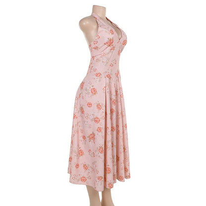 Cocktail Dresses- Romantic Floral Halter Midi Dress for Cocktails- - IndioGear.com