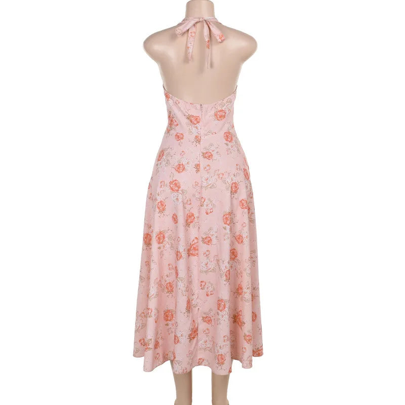 Cocktail Dresses- Romantic Floral Halter Midi Dress for Cocktails- - IndioGear.com