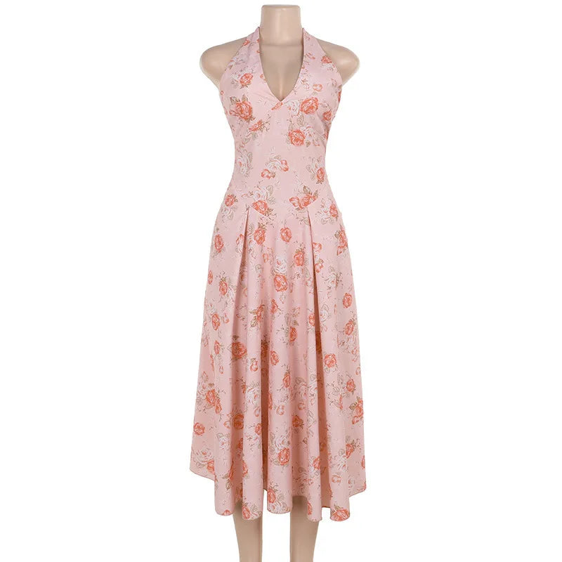 Cocktail Dresses- Romantic Floral Halter Midi Dress for Cocktails- - IndioGear.com