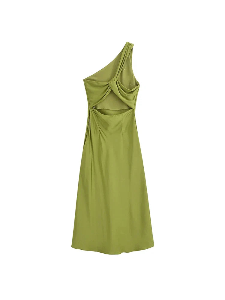 Cocktail Dresses- Satin Knot-Back One-Shoulder Cocktail Dress- - Chuzko Women Clothing