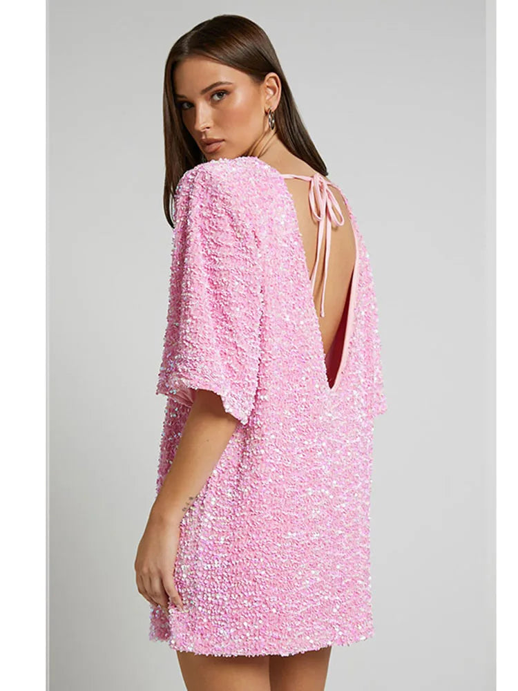 Cocktail Dresses- Sequined Tunic Mini Dress for Holiday Parties- Pink- IndioGear.com