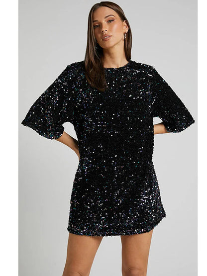 Cocktail Dresses- Sequined Tunic Mini Dress for Holiday Parties- Black- IndioGear.com