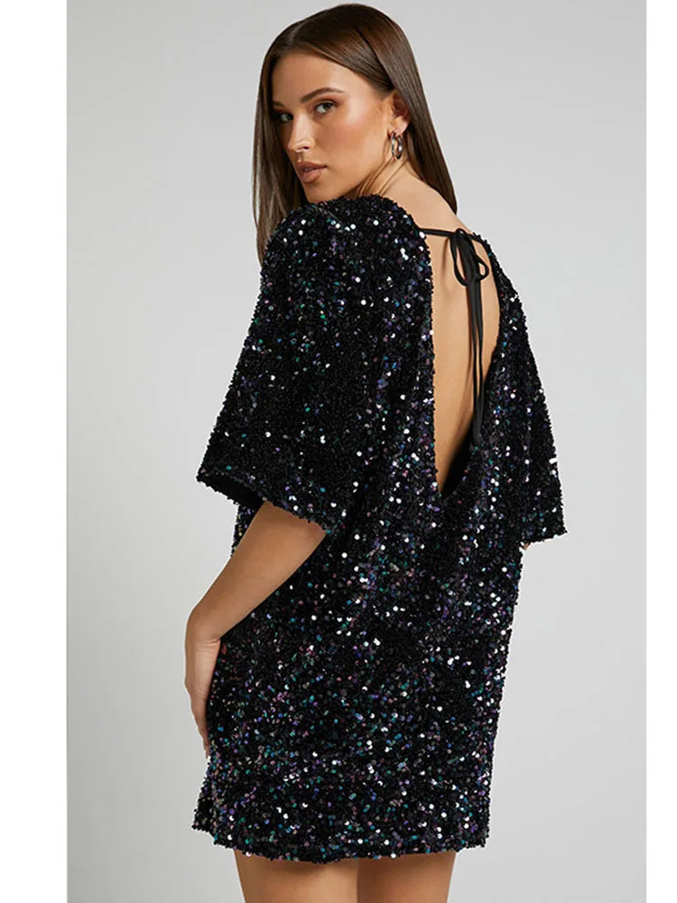 Cocktail Dresses- Sequined Tunic Mini Dress for Holiday Parties- - IndioGear.com