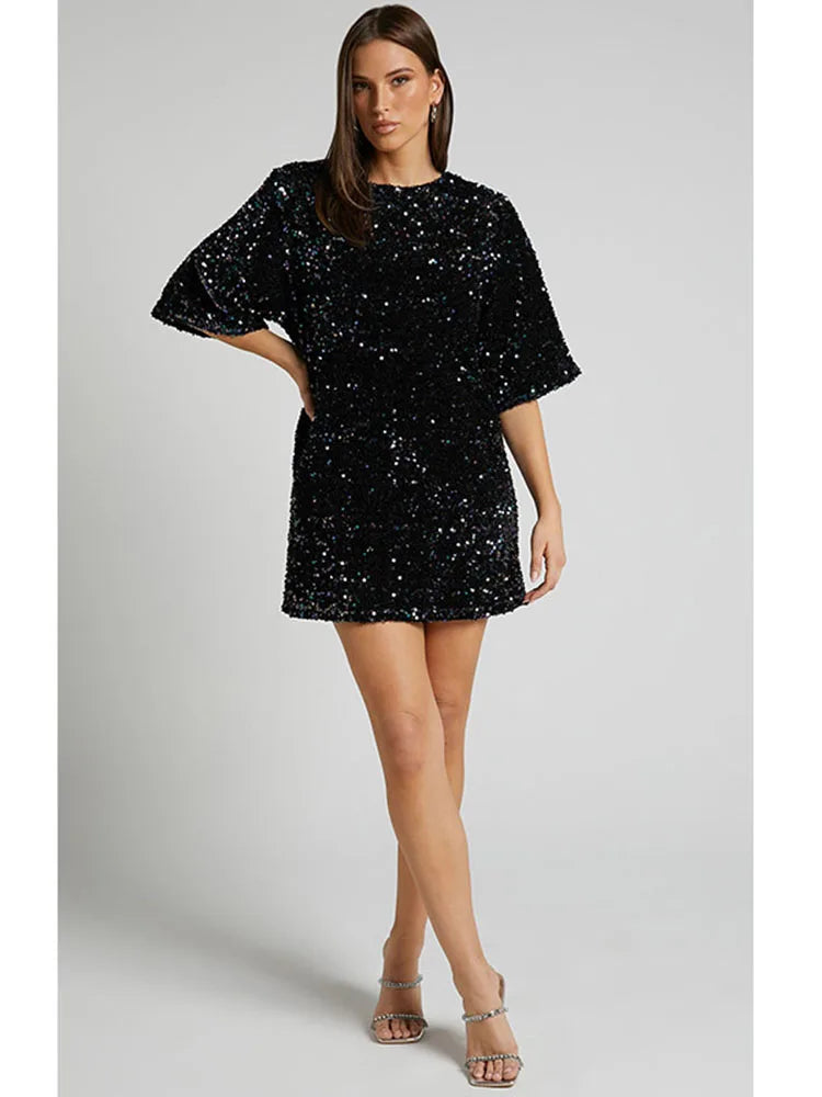 Cocktail Dresses- Sequined Tunic Mini Dress for Holiday Parties- - IndioGear.com