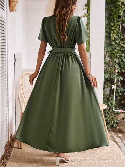 Cocktail Dresses- Solid A-Line Dress with Flared Sleeves for Wedding Guests- - IndioGear.com