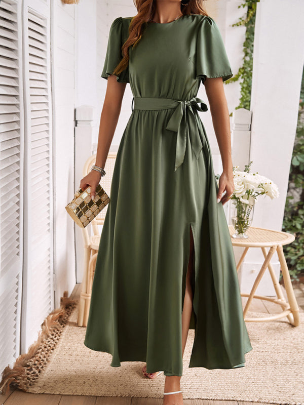 Cocktail Dresses- Solid A-Line Dress with Flared Sleeves for Wedding Guests- - IndioGear.com