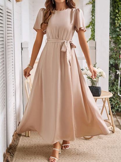 Cocktail Dresses- Solid A-Line Dress with Flared Sleeves for Wedding Guests- - IndioGear.com