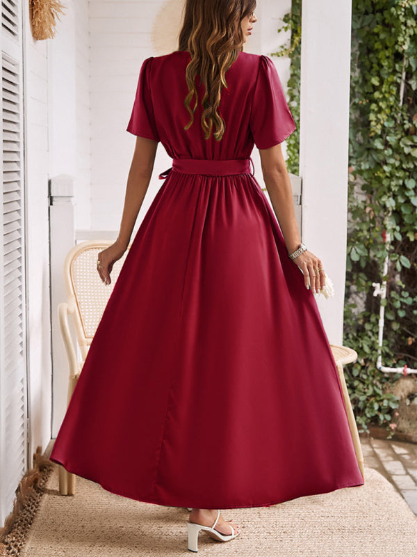 Cocktail Dresses- Solid A-Line Dress with Flared Sleeves for Wedding Guests- - IndioGear.com