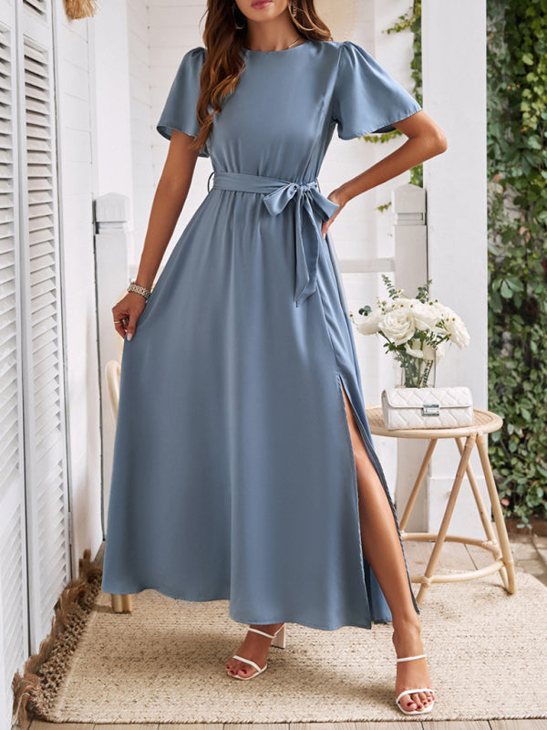 Cocktail Dresses- Solid A-Line Dress with Flared Sleeves for Wedding Guests- - IndioGear.com