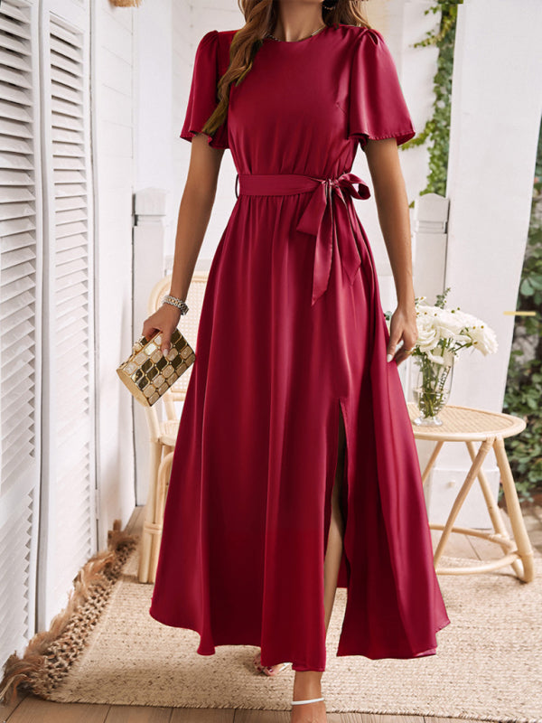 Cocktail Dresses- Solid A-Line Dress with Flared Sleeves for Wedding Guests- - IndioGear.com