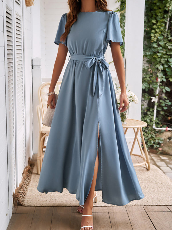 Cocktail Dresses- Solid A-Line Dress with Flared Sleeves for Wedding Guests- - IndioGear.com