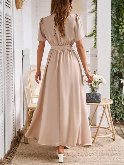 Cocktail Dresses- Solid A-Line Dress with Flared Sleeves for Wedding Guests- - IndioGear.com