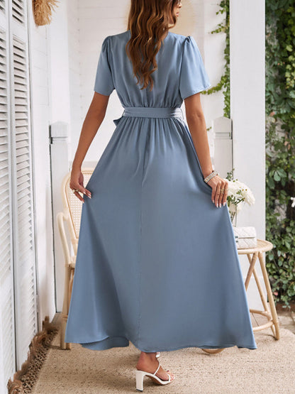 Cocktail Dresses- Solid A-Line Dress with Flared Sleeves for Wedding Guests- - IndioGear.com