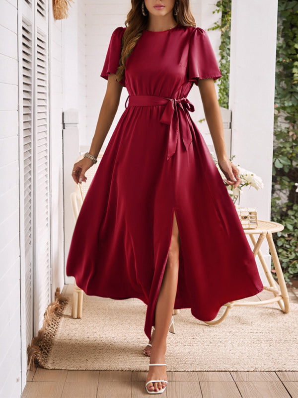 Cocktail Dresses- Solid A-Line Dress with Flared Sleeves for Wedding Guests- - IndioGear.com