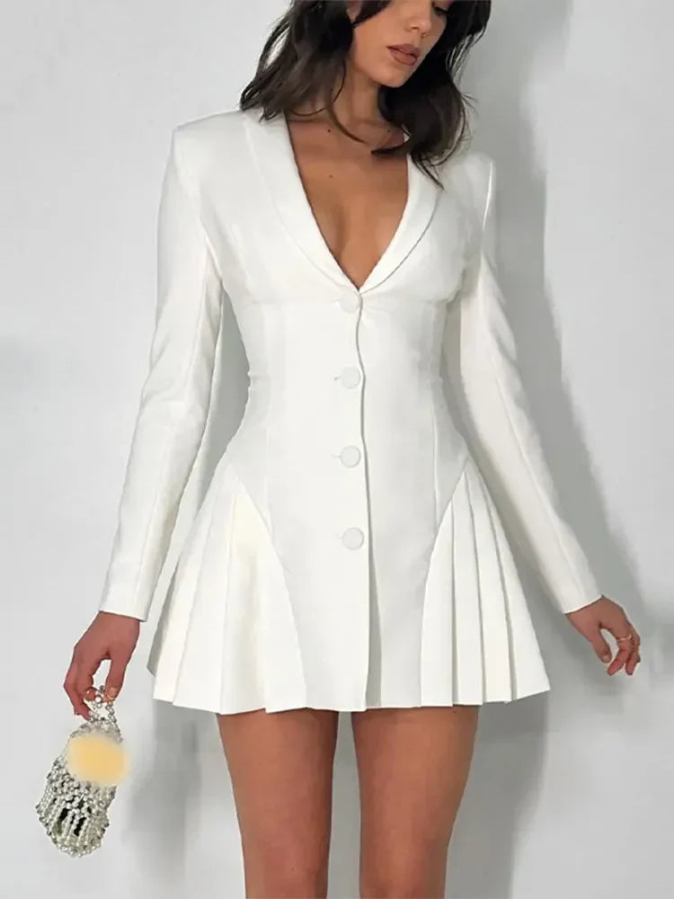 Cocktail Dresses- Tailored Cocktail Blazer Dress for Networking Events- White- IndioGear Women Clothing