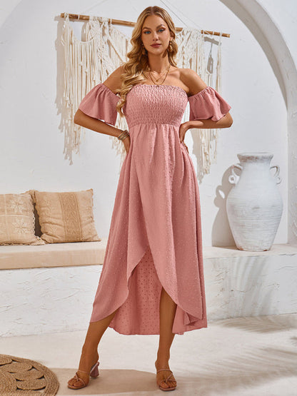 Cocktail Dresses- Textured Off-Shoulder High-Low Dress for Cocktail Parties- - IndioGear.com