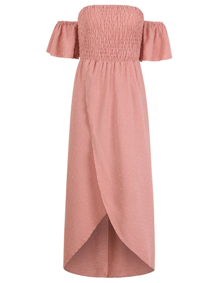 Cocktail Dresses- Textured Off-Shoulder High-Low Dress for Cocktail Parties- - IndioGear.com