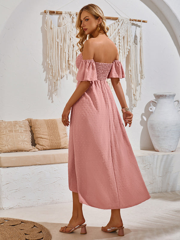 Cocktail Dresses- Textured Off-Shoulder High-Low Dress for Cocktail Parties- - IndioGear.com