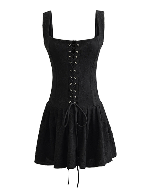 Cocktail Dresses- Vintage Women's Textured Cocktail Lace-Up Mini Dress with Drop-Waist- - IndioGear Fashion and Gear