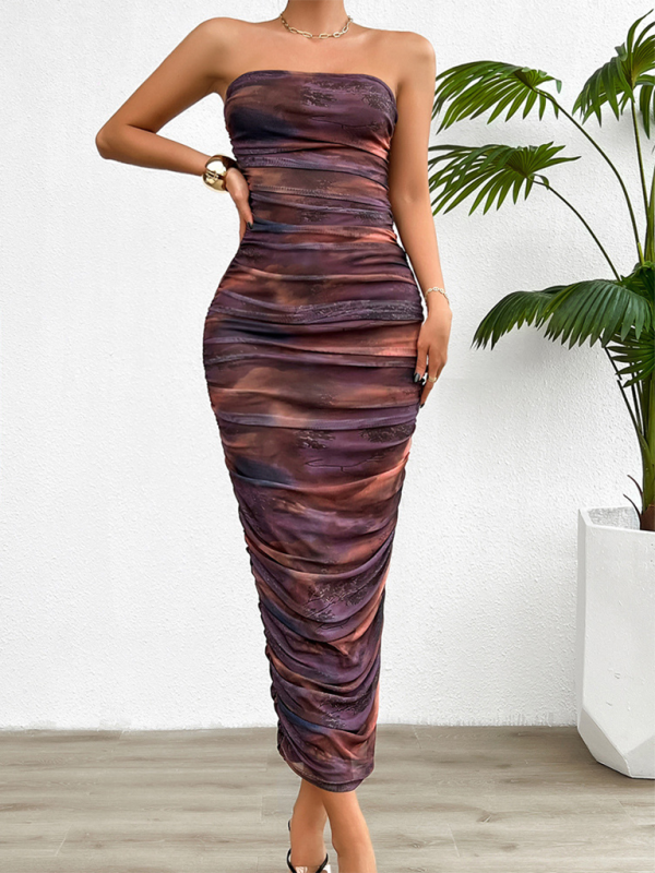 Cocktail Dresses- Women Abstract Fall Print Strapless Dress Elegant for Cocktails- - IndioGear.com