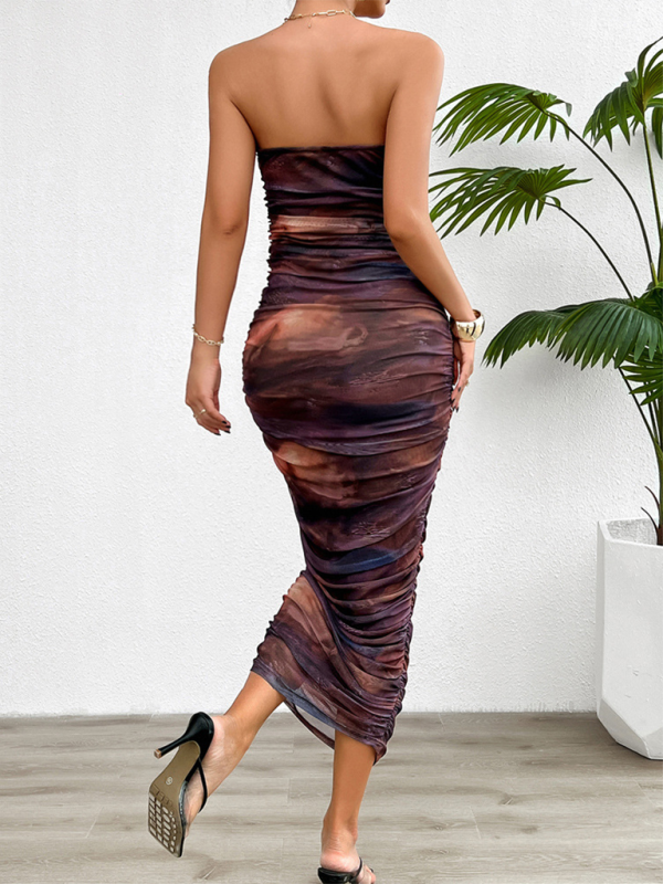 Cocktail Dresses- Women Abstract Fall Print Strapless Dress Elegant for Cocktails- - IndioGear.com