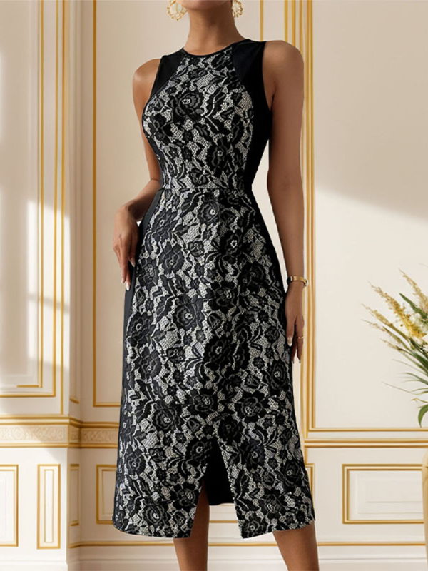 Cocktail Dresses- Women Elegant Lace Patchwork Sleeveless A-Line Midi Dress- Black- IndioGear.com