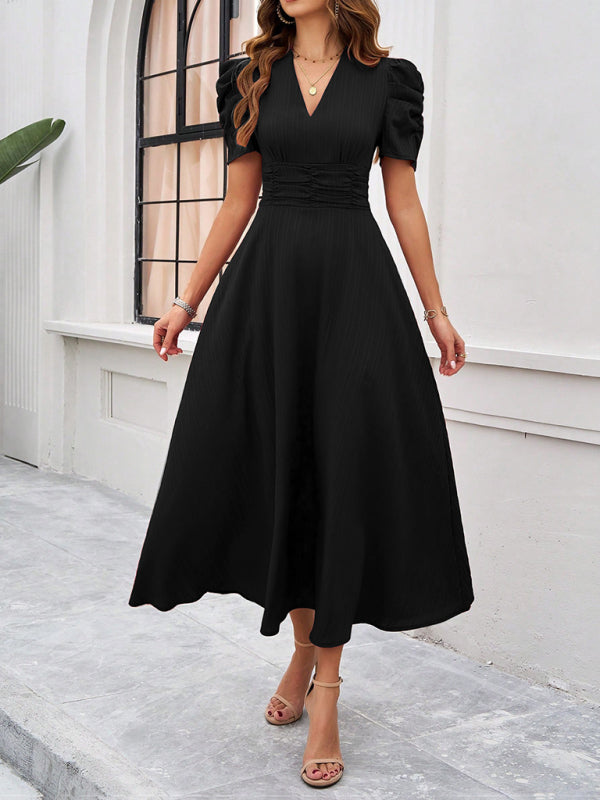 Cocktail Dresses- Women Elegant V-Neck Midi Dress with Puff Sleeves- Black- IndioGear.com