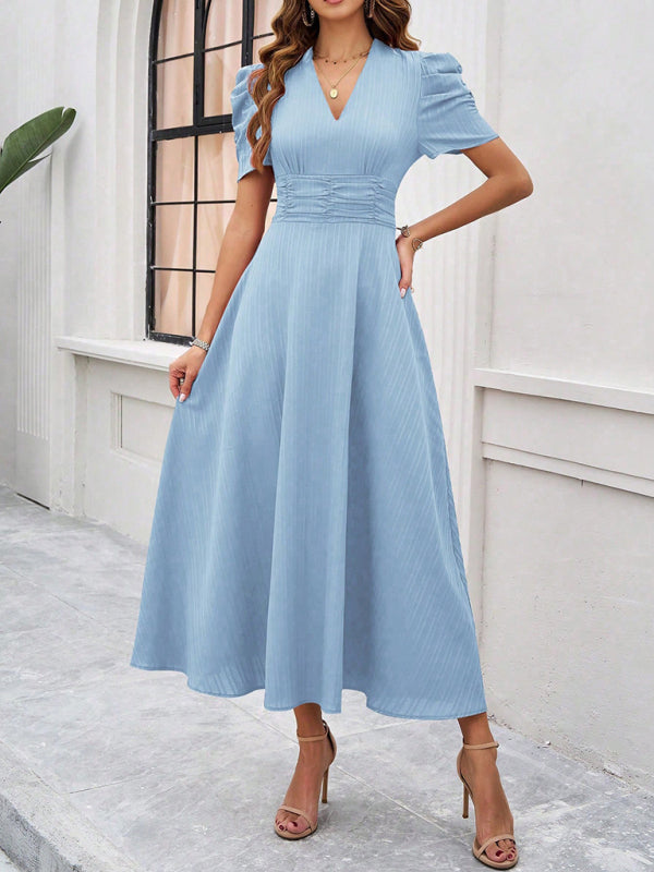 Cocktail Dresses- Women Elegant V-Neck Midi Dress with Puff Sleeves- Clear blue- IndioGear.com