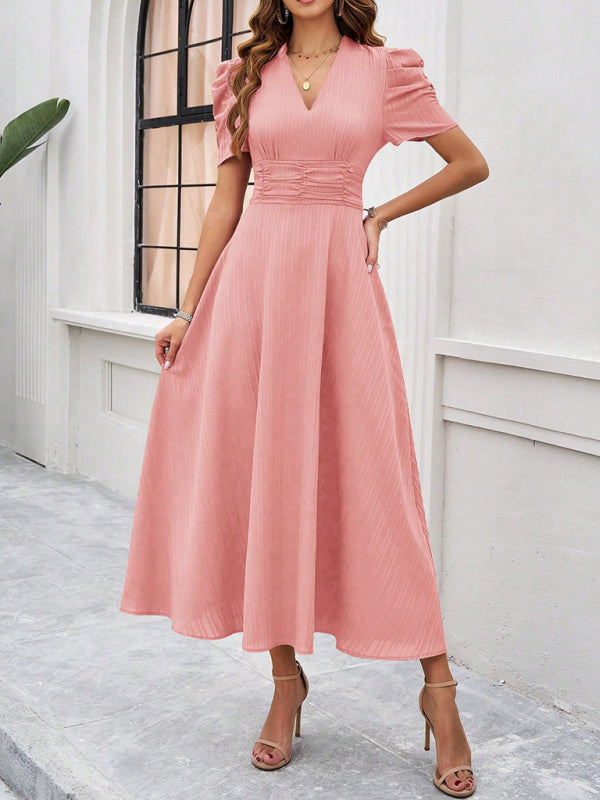 Cocktail Dresses- Women Elegant V-Neck Midi Dress with Puff Sleeves- - IndioGear.com