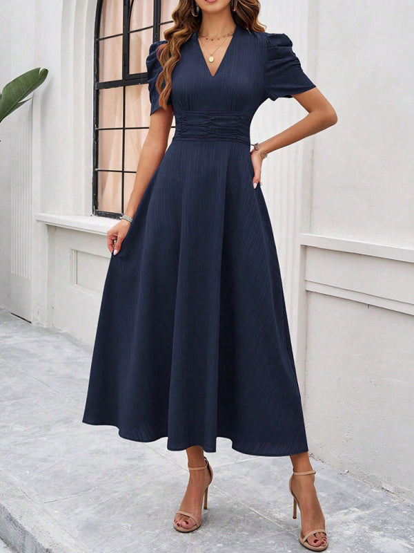 Cocktail Dresses- Women Elegant V-Neck Midi Dress with Puff Sleeves- Purplish blue navy- IndioGear.com