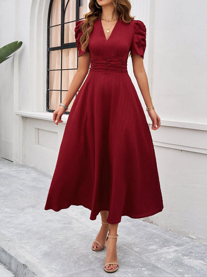 Cocktail Dresses- Women Elegant V-Neck Midi Dress with Puff Sleeves- Red- IndioGear.com