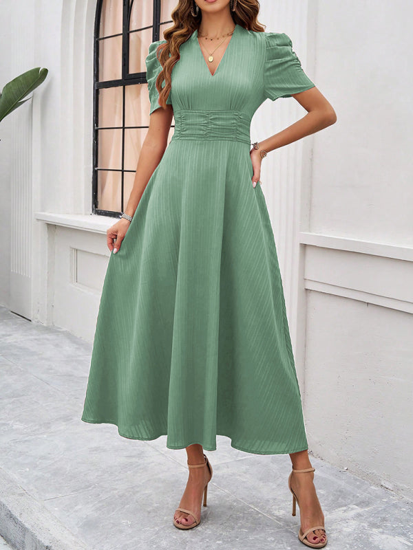 Cocktail Dresses- Women Elegant V-Neck Midi Dress with Puff Sleeves- - IndioGear.com